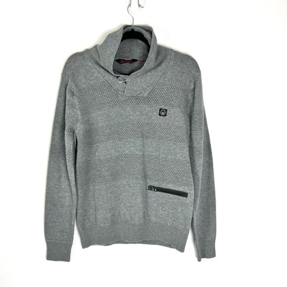 Duck And Cover Pullover Sweater  Mens Brody Gray Stripe Zip Pocket Long Sleeve S